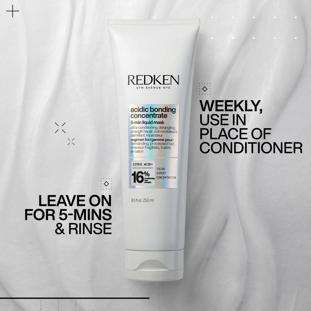 Consejo de uso de la mascarilla Redken Acidic Bonding Concentrate de 5 minutos para reparar y fortalecer el cabello