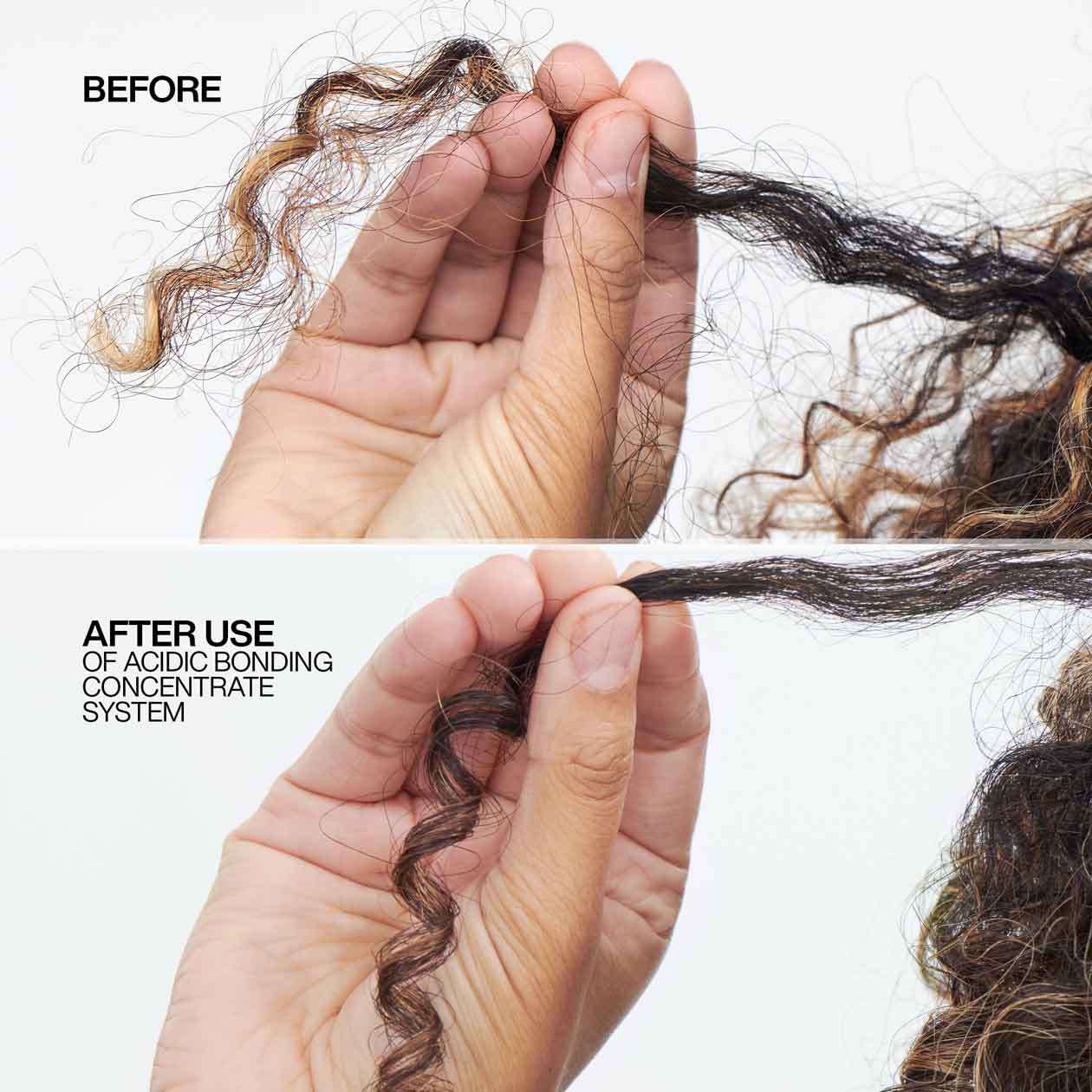 Resultados antes y después con el tratamiento Redken Acidic Bonding Concentrate para fortalecer y reparar el cabello
