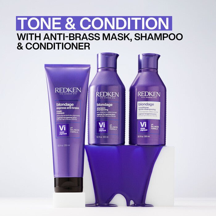 Acondicionador morado mini Redken Color Extend Blondage para matizar y acondicionar el cabello rubio
