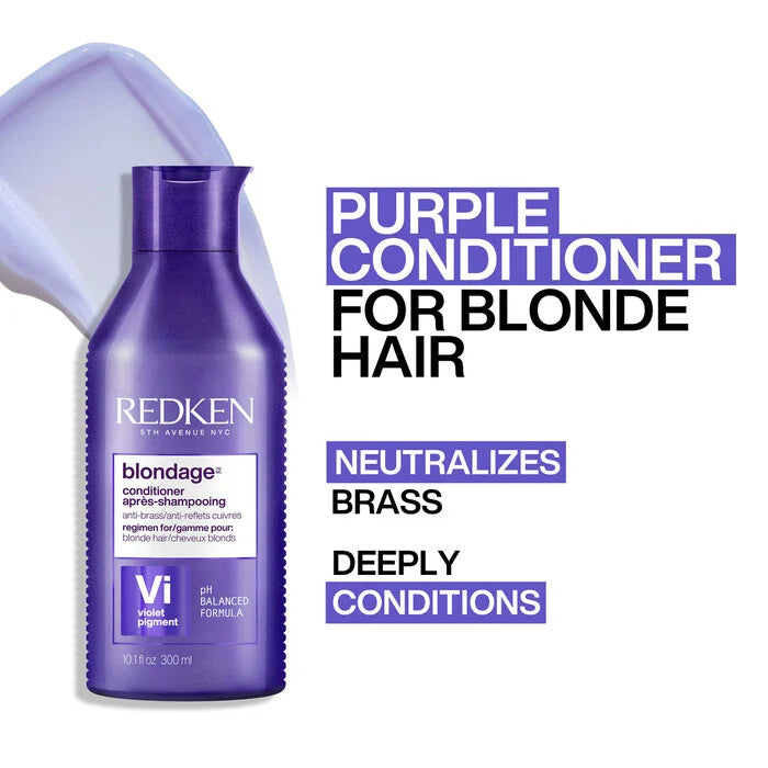 Mascarilla morada Redken Color Extend Blondage Express para cabello rubio con fórmula ultrapigmentada que neutraliza tonos amarillos