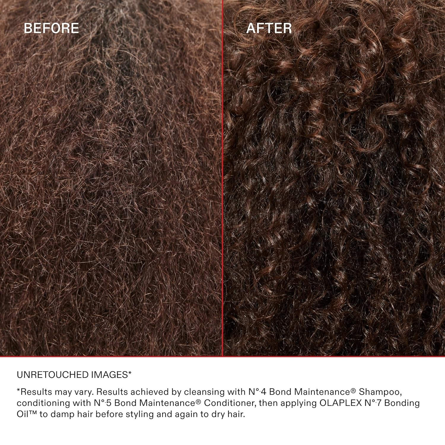 Resultados antes y después con el shampoo y acondicionador Olaplex Bond Maintenance para reparar e hidratar el cabello