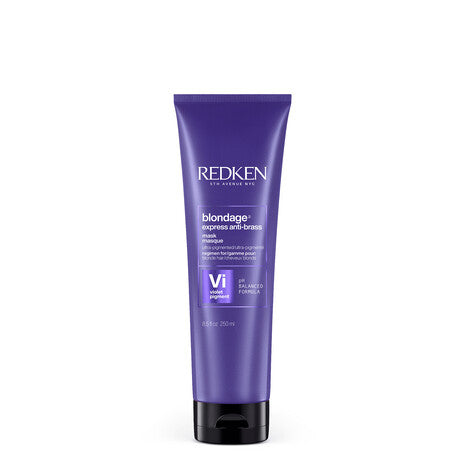 Mascarilla morada Redken Color Extend Blondage Express para cabello rubio con fórmula ultrapigmentada que neutraliza tonos amarillos