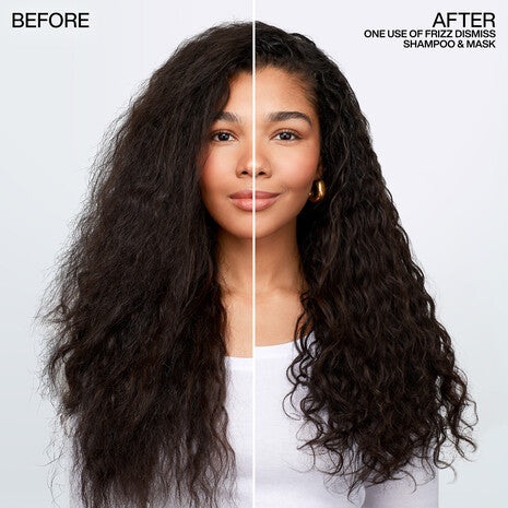 Resultados antes y después con la mascarilla Redken Frizz Dismiss anti-frizz en el cabello de April