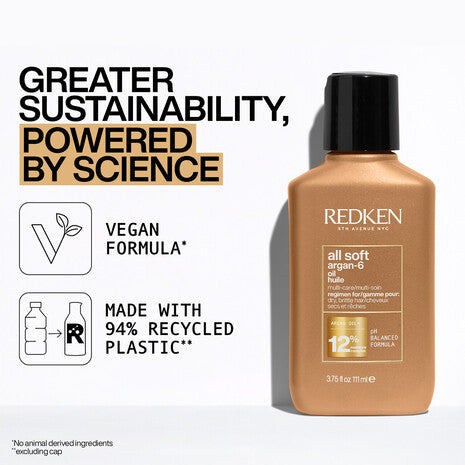 Aceite Redken All Soft Argan 6 multiuso para nutrir y suavizar el cabello seco con fórmula sostenible