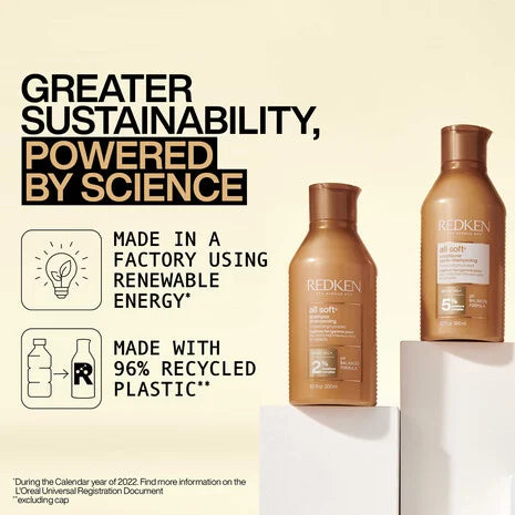 Shampoo y acondicionador Redken All Soft con aceite de argán para suavizar e hidratar el cabello seco