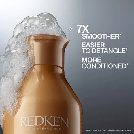 Shampoo Redken All Soft con aceite de argán para suavizar e hidratar el cabello seco