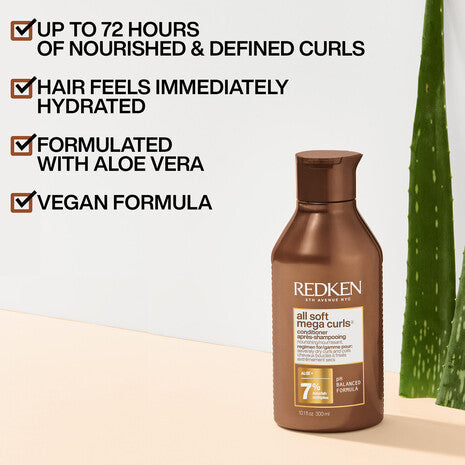 Acondicionador vegano Redken All Soft Mega Curls con aloe vera para hidratar, nutrir y definir rizos