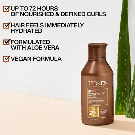 Shampoo vegano Redken All Soft Mega Curls con aloe vera para hidratar, nutrir y definir rizos