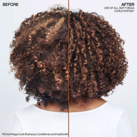 Resultados antes y después con la crema Redken All Soft Mega Curls Hydramelt en el cabello rizado y muy rizado de Christina Brown