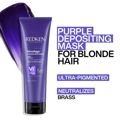 Mascarilla morada Redken Color Extend Blondage Express para cabello rubio con fórmula ultrapigmentada que neutraliza tonos amarillos