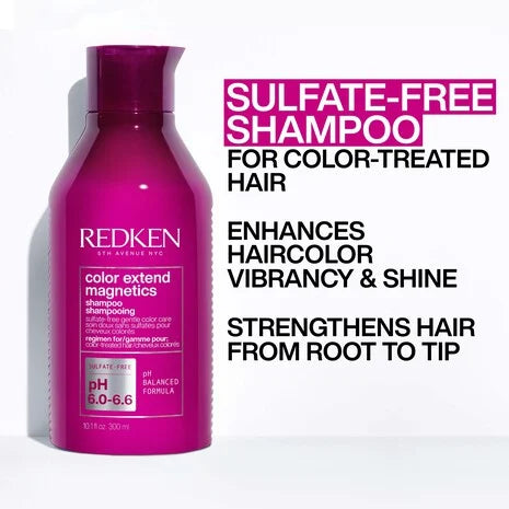 Shampoo Redken Color Extend Magnetics con fórmula de pH balanceado para proteger y prolongar el color del cabello teñido