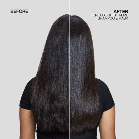 Antes y después de aplicación de la mascarilla Redken Extreme para reparar el daño y aportar brillo instantáneo al cabello