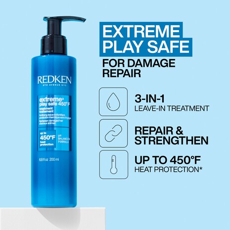 Tratamiento sin enjuague Redken Extreme Play Safe 3 en 1 con protección térmica y proteínas para fortalecer y reparar el cabello dañado