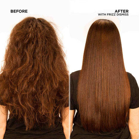 Resultados antes y después con el aceite en spray Redken Frizz Dismiss Anti-Static para suavizar el cabello con frizz