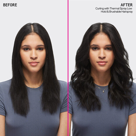 Resultados antes y después con el spray Redken Brushable Hair Spray tras rizar con spray térmico el cabello largo, ondulado y oscuro de Karina