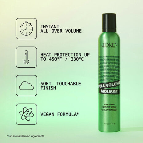 Espuma Redken Full Volume para dar volumen total, proteger del calor y lograr un acabado suave y manejable con fórmula vegana