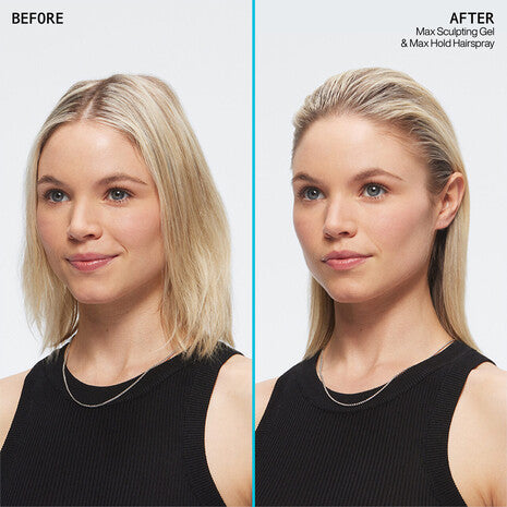 Resultados antes y después con el gel Redken Max Sculpting en cabello rubio de media longitud