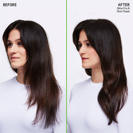 Resultados antes y después con el spray Redken Root Tease para dar volumen al cabello largo y oscuro de Caleigh tras el secado
