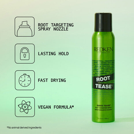 Spray Redken Root Tease para dar volumen, fijación duradera, secado rápido y fórmula vegana