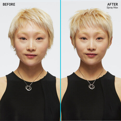 Resultados antes y después con el spray Redken Spray Wax para texturizar cabello corto y rubio