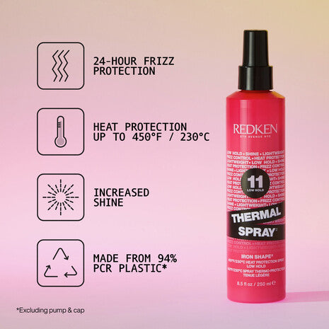 Spray térmico Redken Thermal Spray 11 de fijación baja, protección contra el frizz por 24 horas y mayor brillo, hecho con plástico reciclado PCR