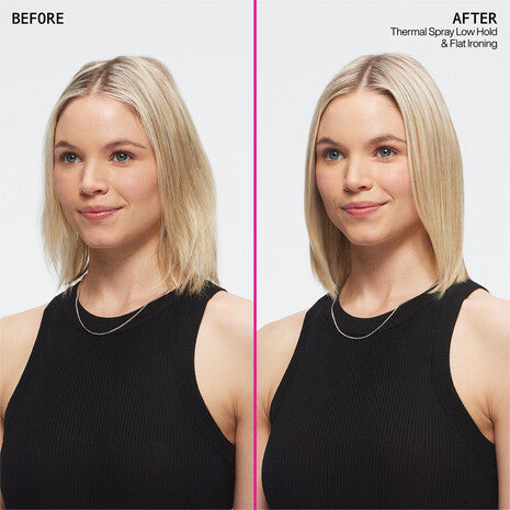 Resultados antes y después con el spray térmico Redken Thermal Spray 11 de fijación baja en cabello rubio de media longitud tras el secado