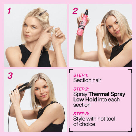 Guía paso a paso para peinar con el spray térmico Redken Thermal Spray 11 de fijación baja