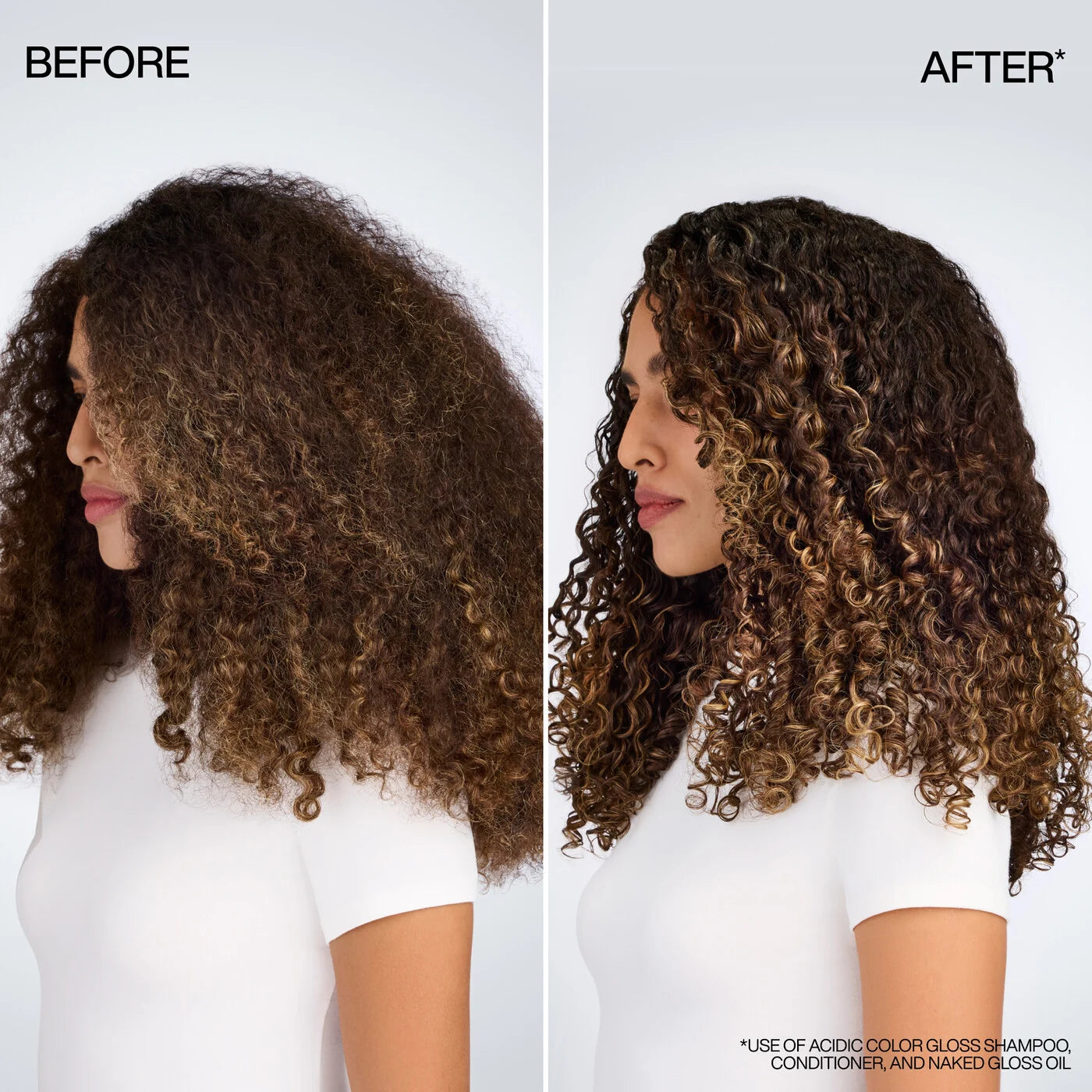 Resultados antes y después con el tratamiento Redken Acidic Color Gloss Naked Gloss en el cabello de Valeria