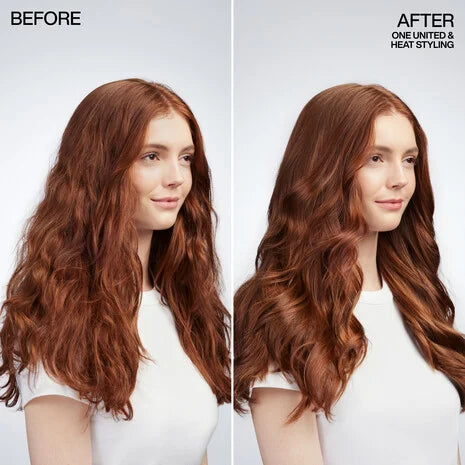 Resultados antes y después con el tratamiento Redken One United en cabello rojo