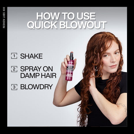 Instrucciones de uso del spray Redken Quick Blowout para acelerar el secado y proteger del calor