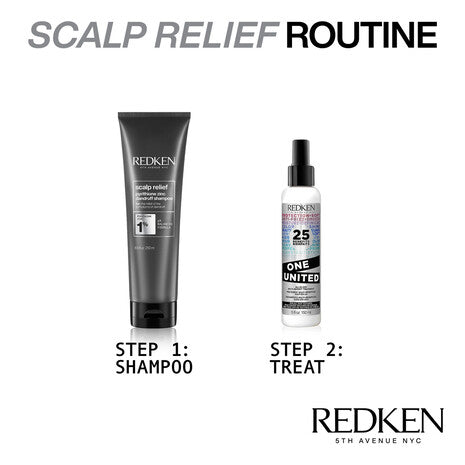 Rutina de cuidado del cuero cabelludo con shampoo Redken Scalp Relief Dandruff Control y tratamiento sin enjuague One United